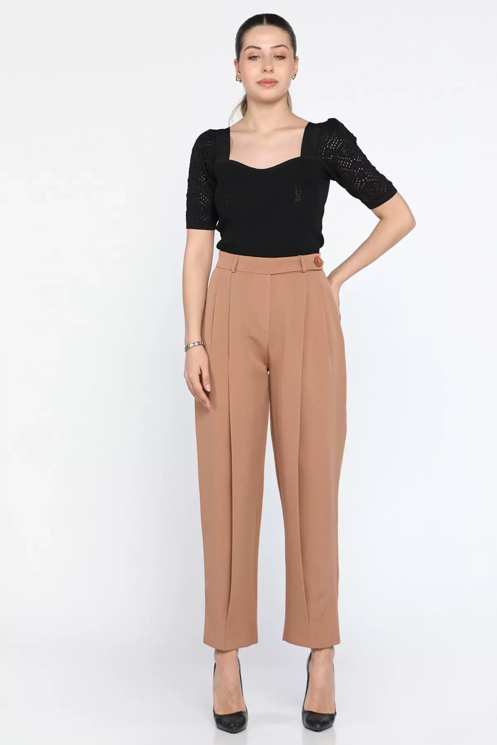 Julude Camel Yüksek Bel Pileli Kadın Bol Kesim Kumaş Pantolon P-00009956 görsel 2