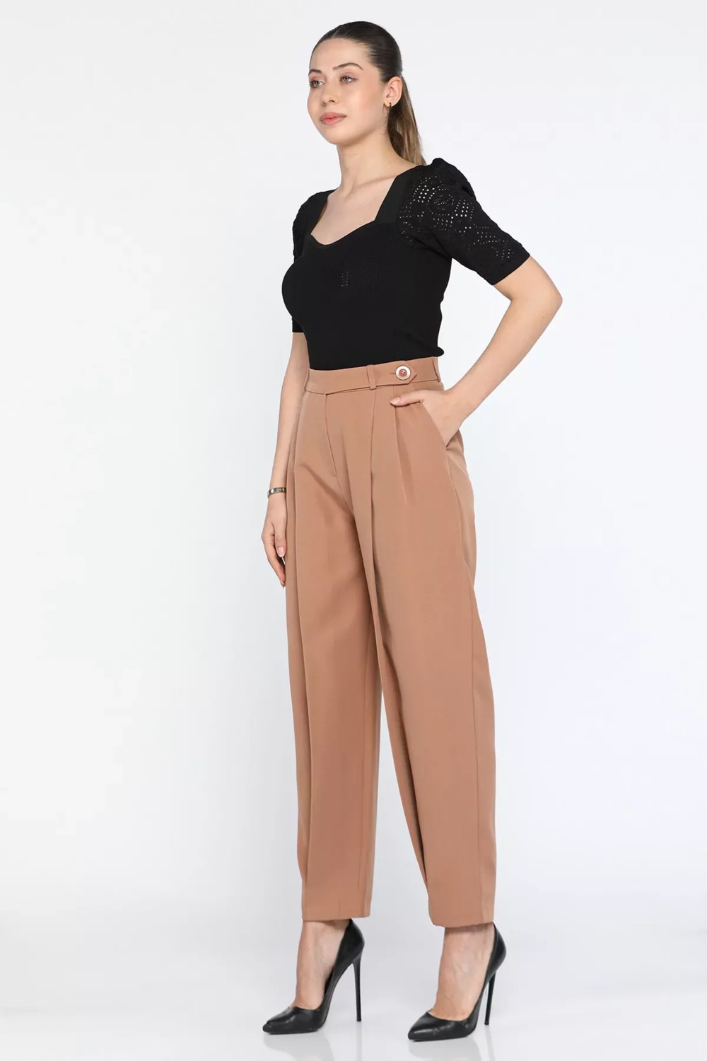 Julude Camel Yüksek Bel Pileli Kadın Bol Kesim Kumaş Pantolon P-00009956 görsel 3