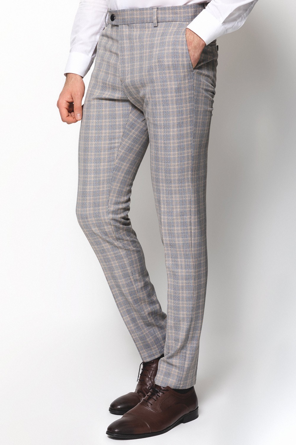 MCR Ekoseli Bej Rengi Super Slim Fit Erkek Pantolon görsel 4