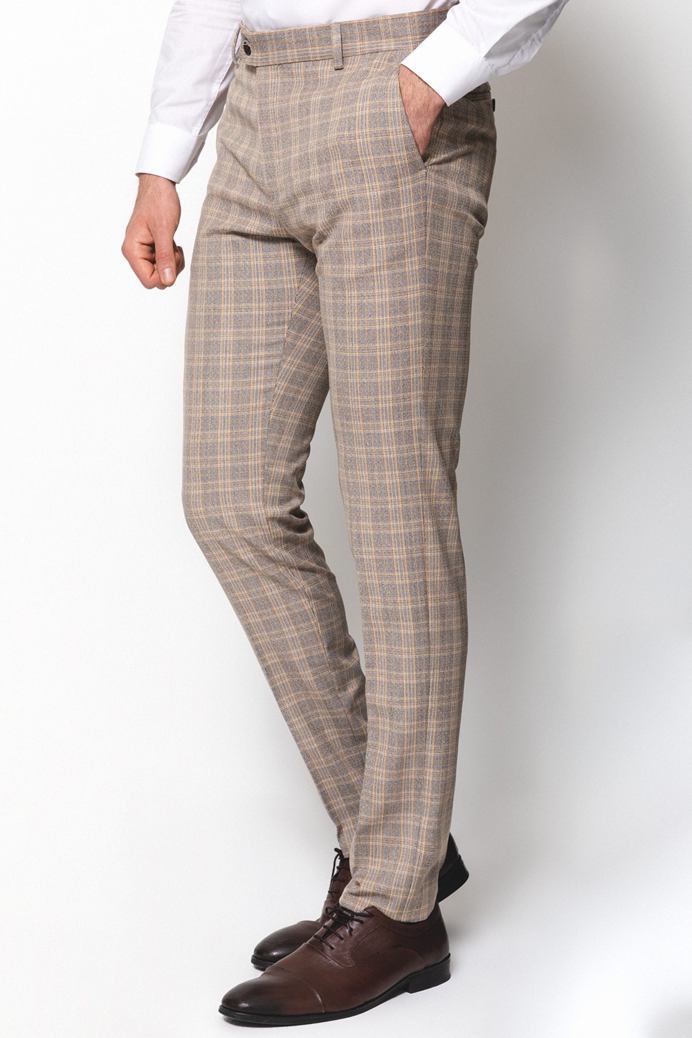 MCR Ekoseli Bej Rengi Super Slim Fit Erkek Pantolon