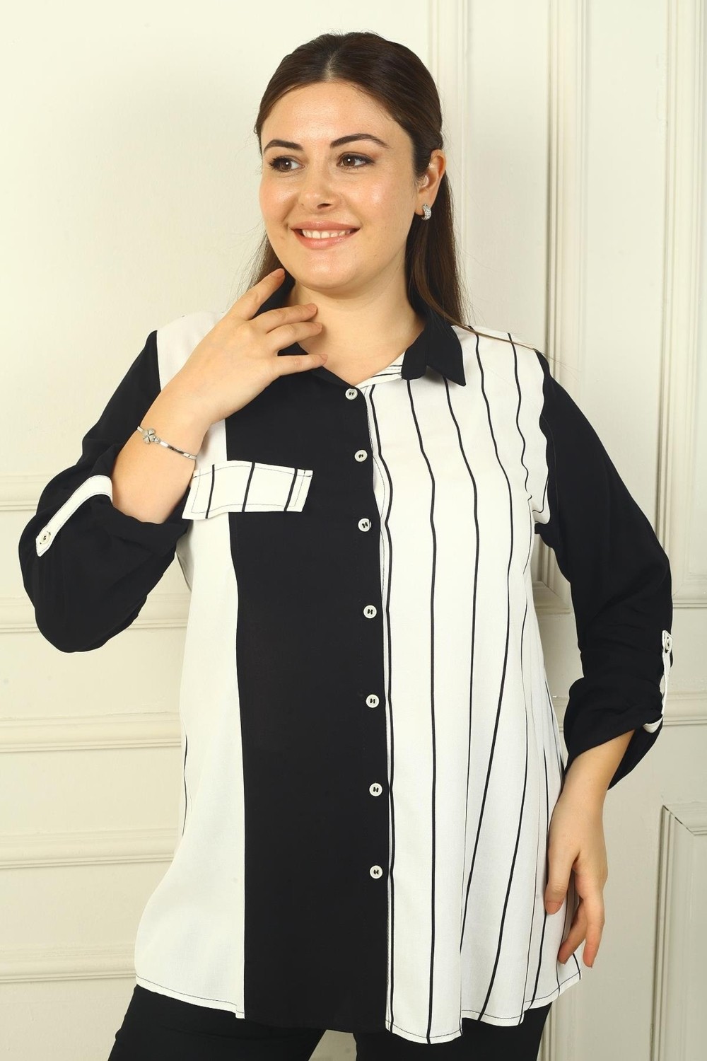 By Saygı Kadın Tek Cepli Kol Katlamalı Çizgili B.b. Gömlek görsel 6