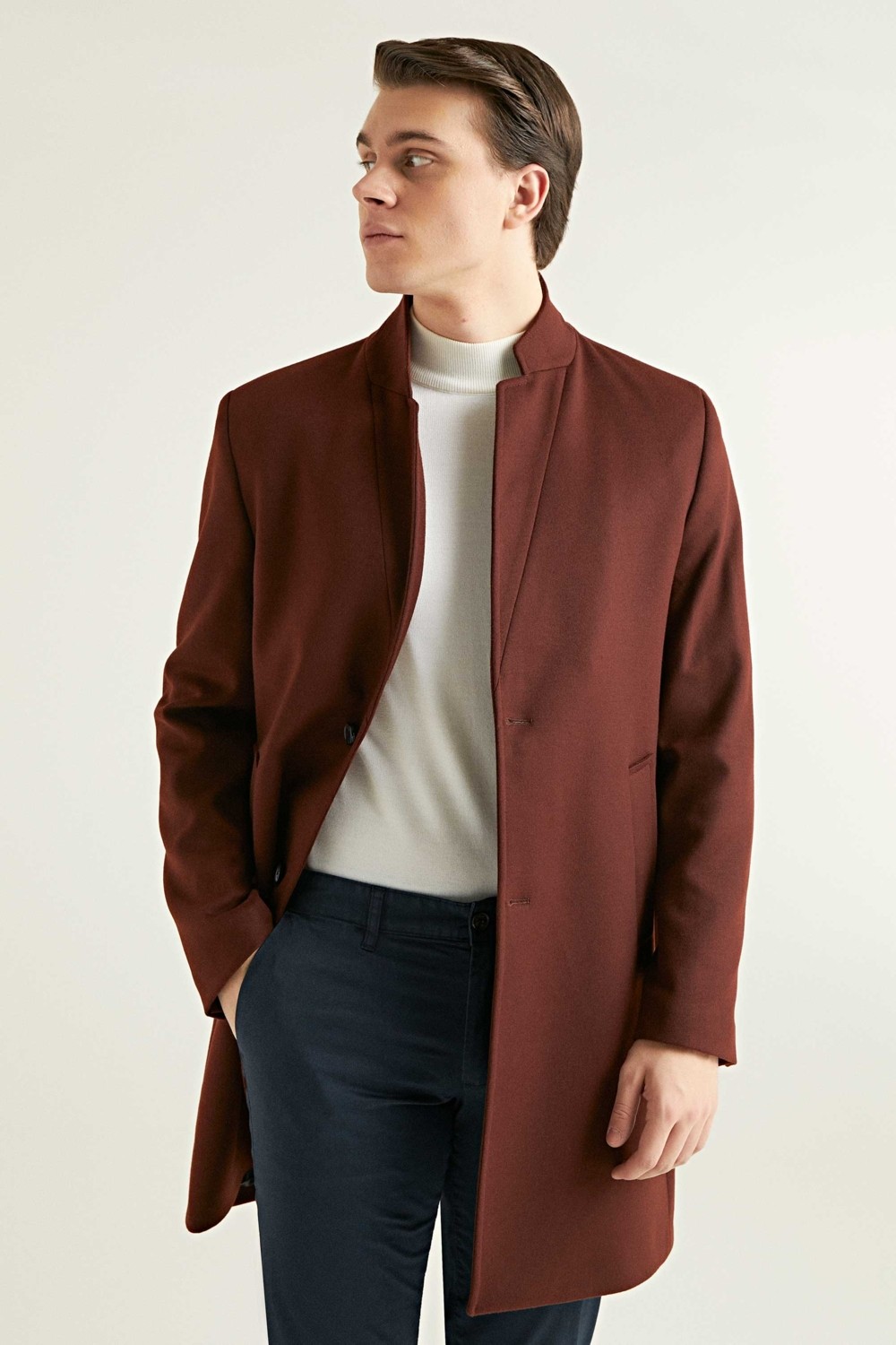 TWN Slim Fit Lacivert Düz Tek Yırtmaçlı Viskonlu Palto
