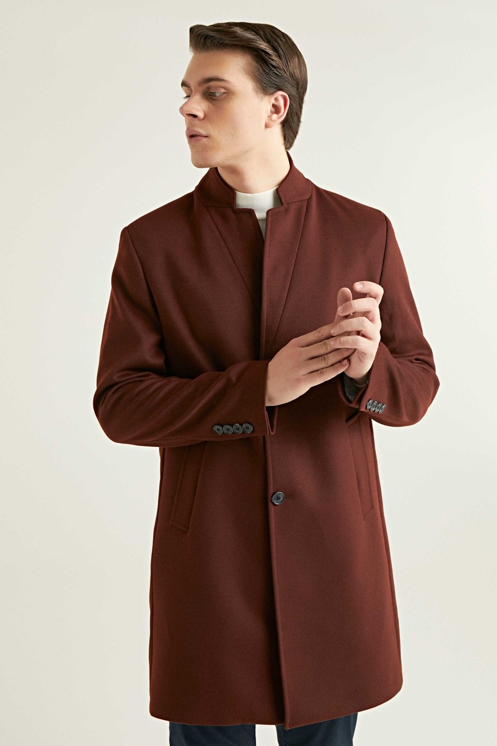 TWN Slim Fit Lacivert Düz Tek Yırtmaçlı Viskonlu Palto görsel 2