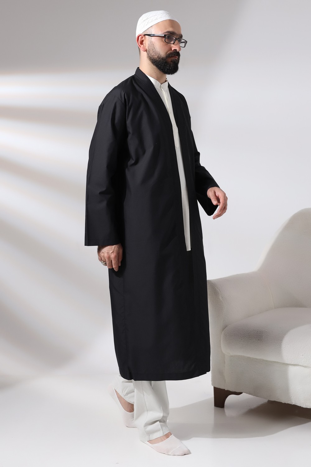 İhvan Online Gri Erkek Namaz Elbisesi V Yaka Düğmesiz Önü Açık Namaz Cübbesi görsel 8