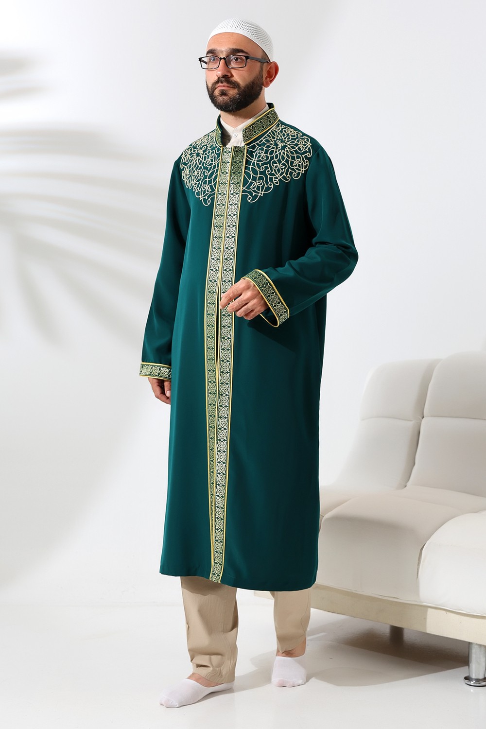 İhvan Online Lacivert Hakim Yaka Erkek Namaz Elbisesi Şerit Nakış Işlemeli Imam Cübbesi görsel 8