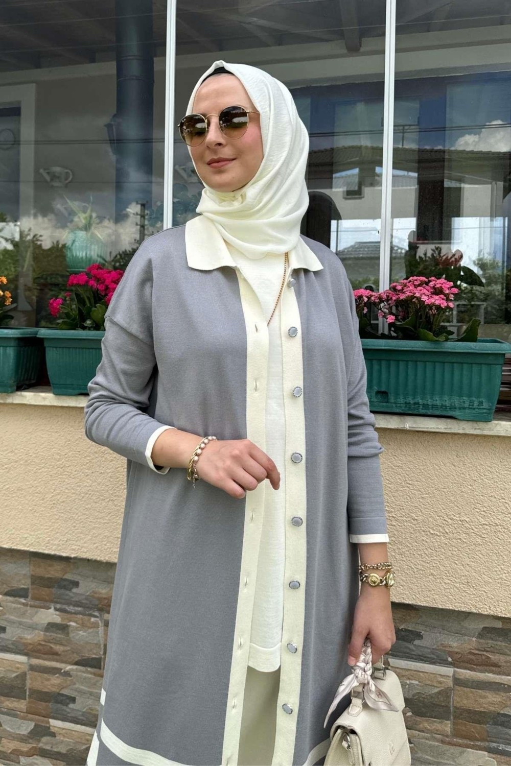 Rabia Şamlı Imge Çizgili Triko Hırka Gri görsel 2