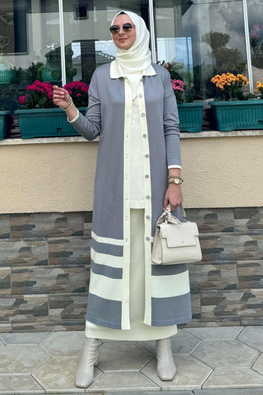 Rabia Şamlı Imge Çizgili Triko Hırka Gri görsel 3