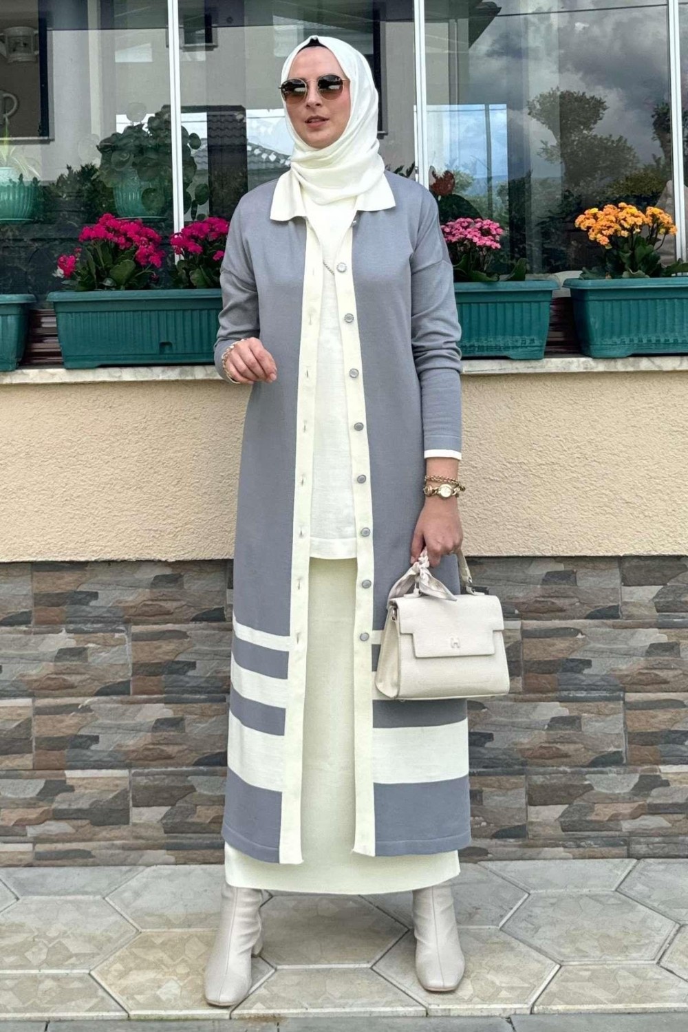 Rabia Şamlı Imge Çizgili Triko Hırka Gri görsel 4