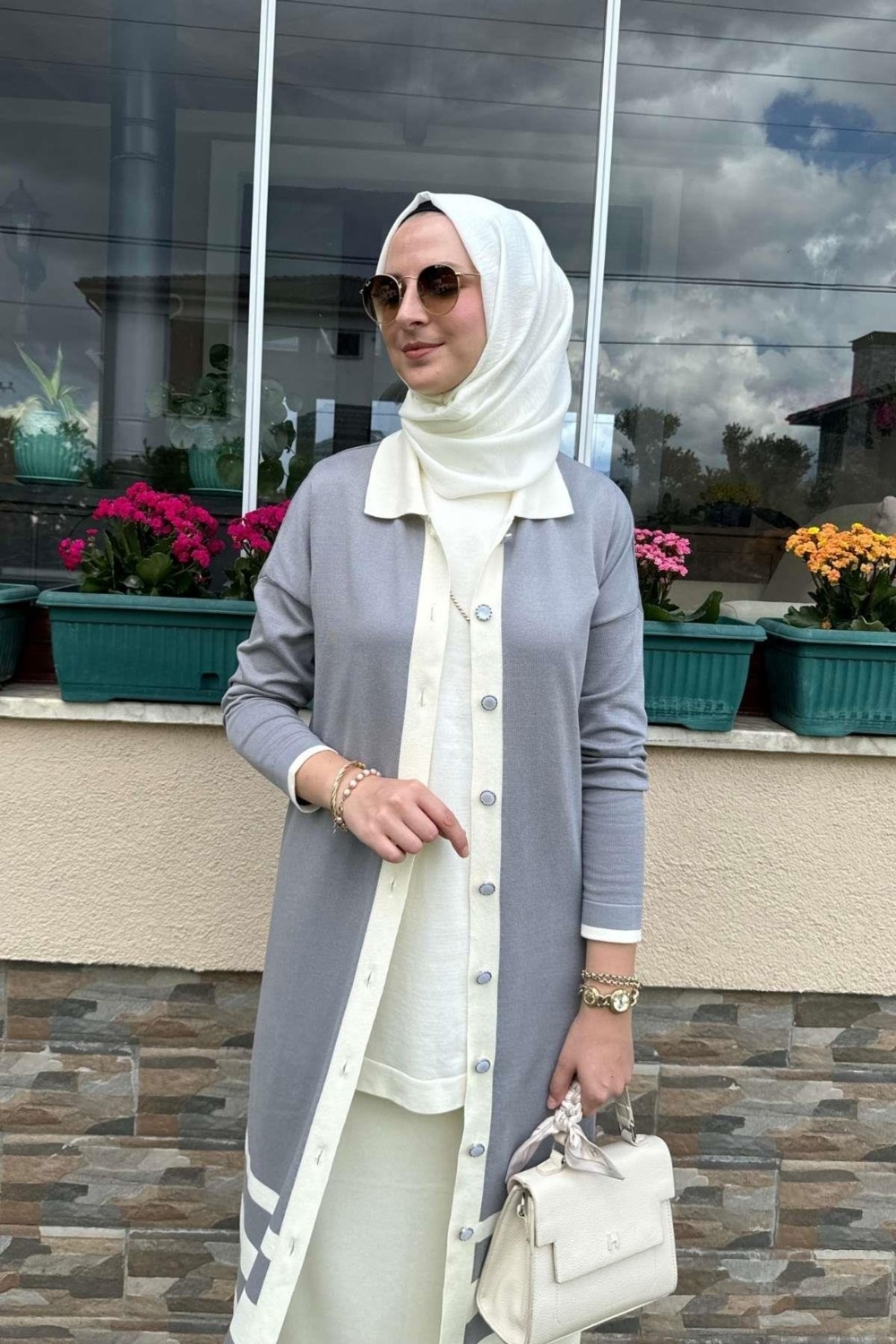 Rabia Şamlı Imge Çizgili Triko Hırka Gri görsel 5