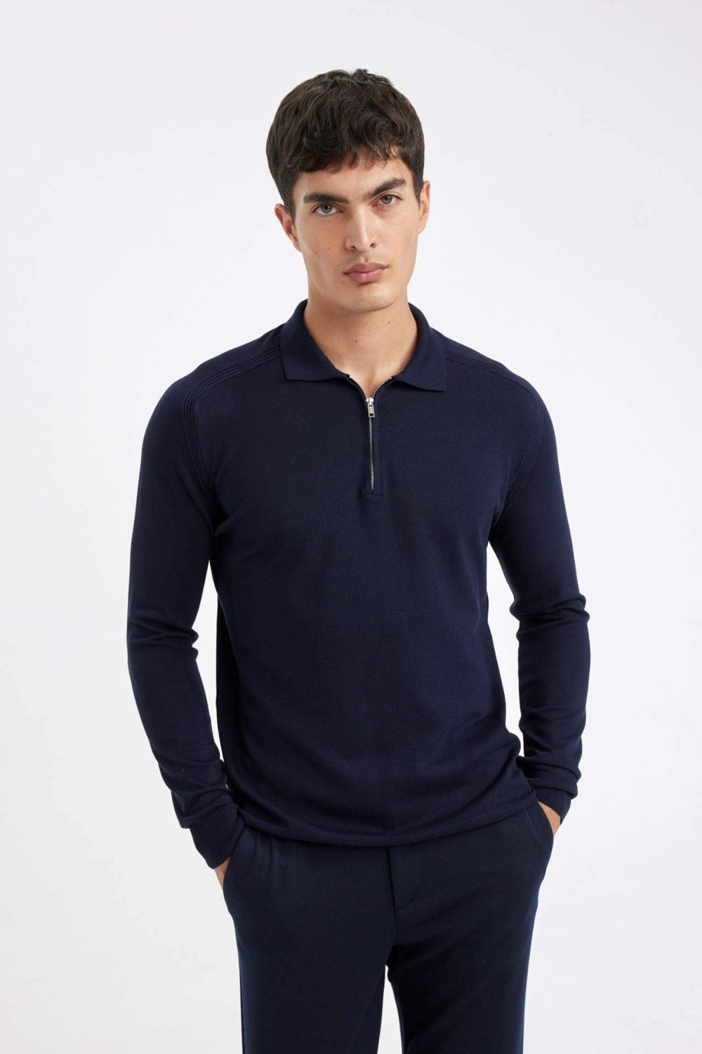 DeFacto Lacivert Standart Fit Normal Kesim Fermuarlı Polo Yaka Triko Kazak D0621AX24AU görsel 4