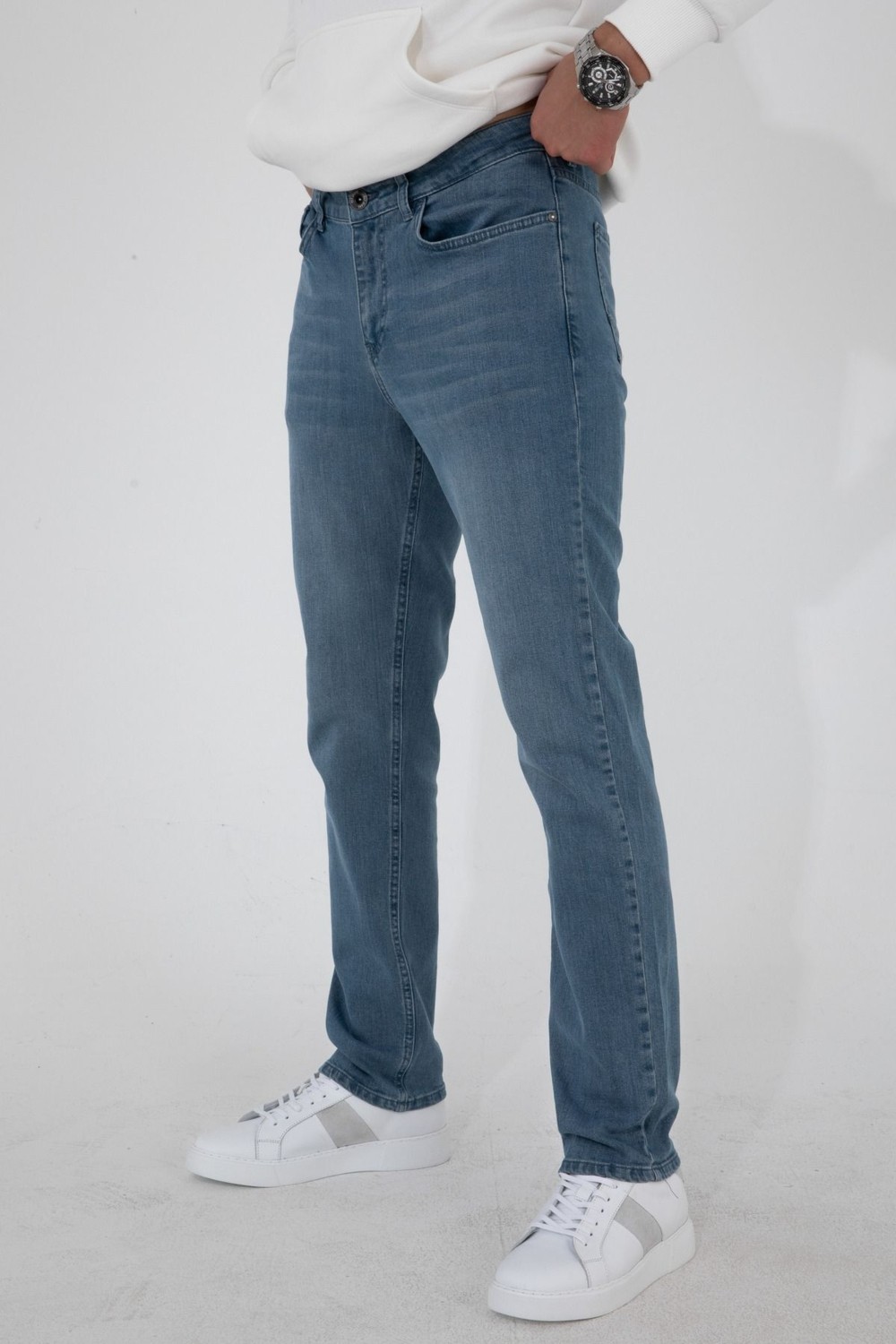 Hlt Jeans Erkek Taşlamalı Mavi Regular Fit Rahat Kesim Esnek Likralı Denim Jeans Kot Pantolon HLTHE003001 görsel 4