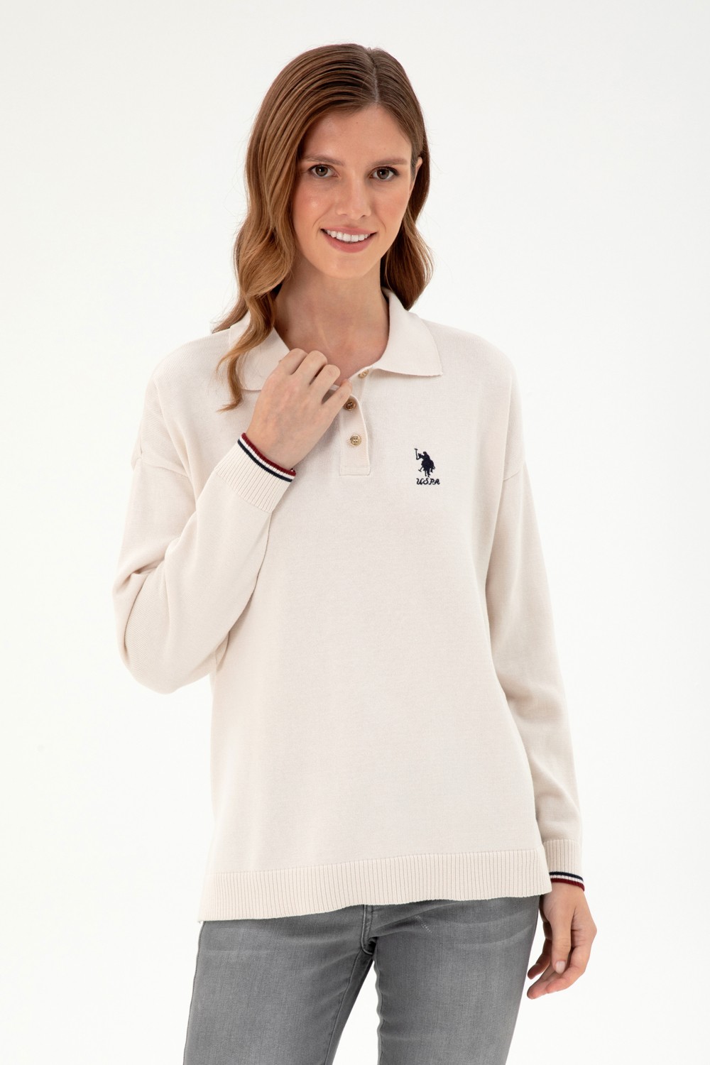 U.S. Polo Assn. Kadın Krem Polo Yaka Kazak 50297091-VR071