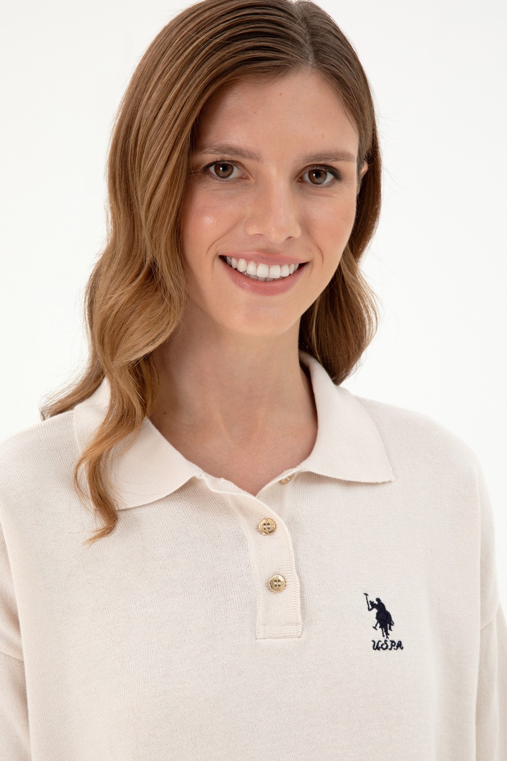 U.S. Polo Assn. Kadın Krem Polo Yaka Kazak 50297091-VR071 görsel 2