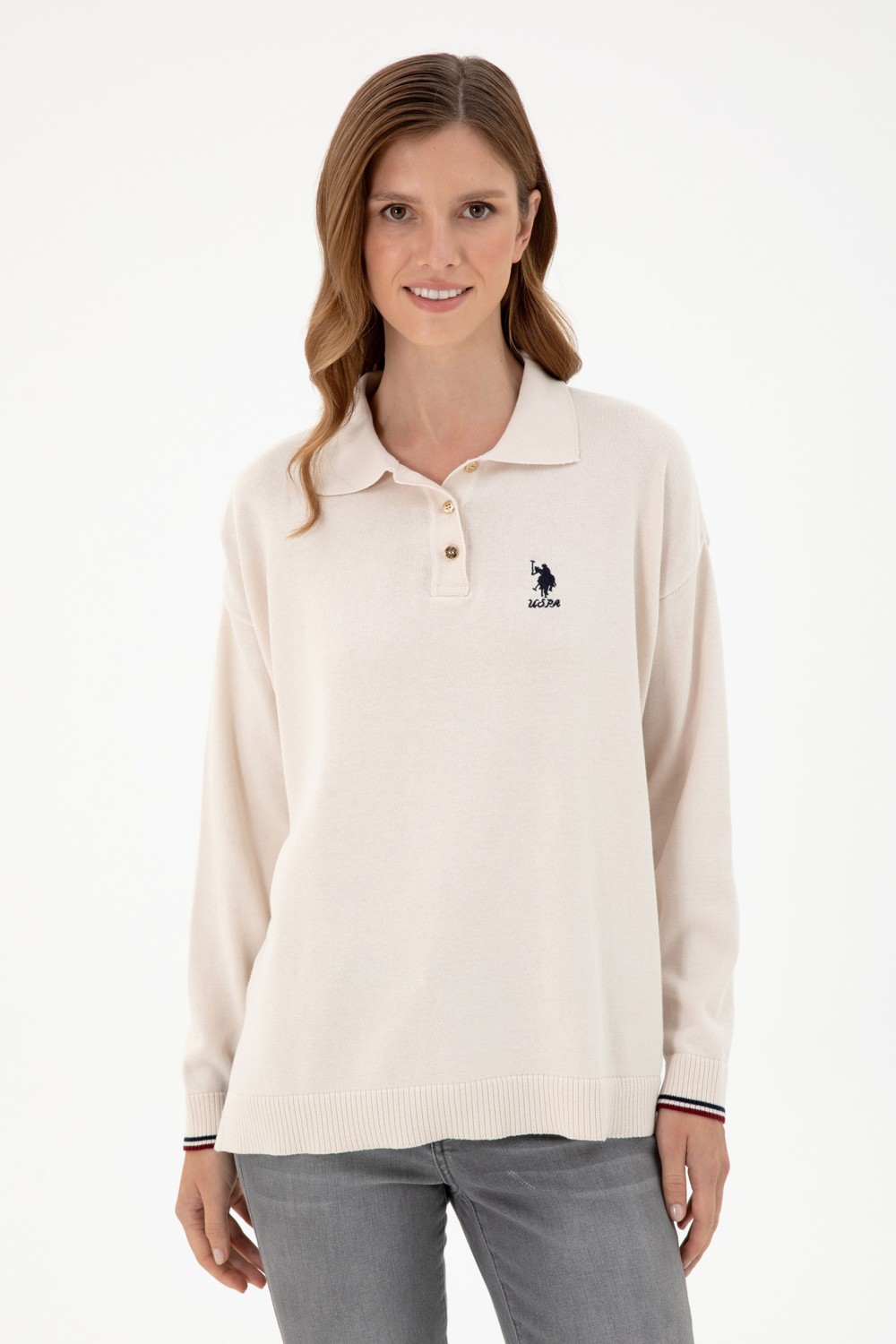 U.S. Polo Assn. Kadın Krem Polo Yaka Kazak 50297091-VR071 görsel 3