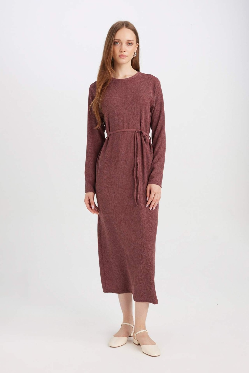 DeFacto Regular Fit Bürümcük Uzun Kollu Midi Elbise D5024AX24AU görsel 5