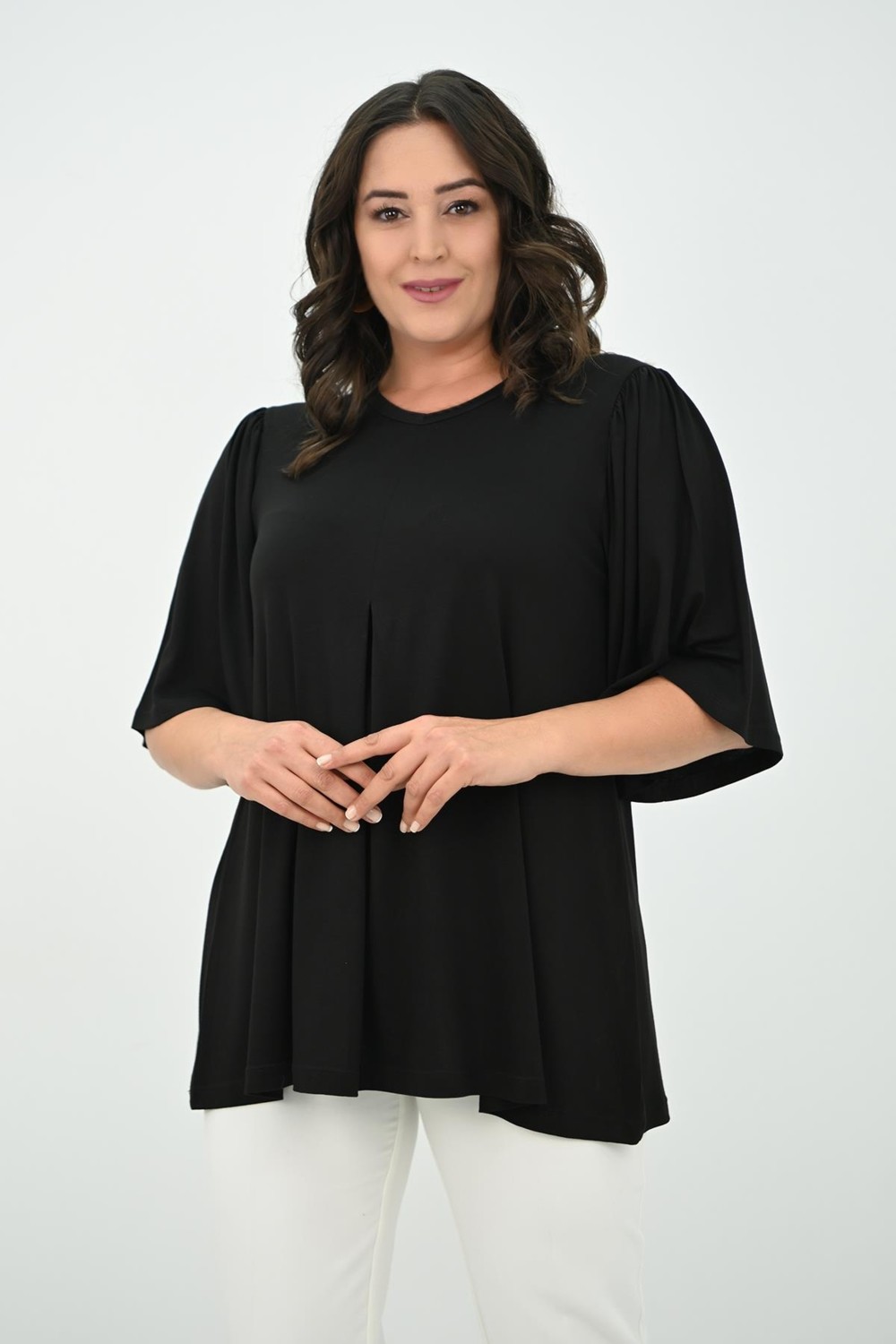 Moda Xlarge Kadın Büyük Beden Pileli V Yaka Bluz 1847-25 görsel 6