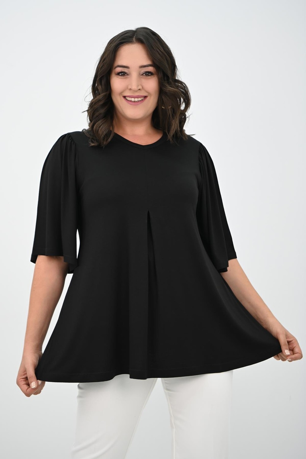 Moda Xlarge Kadın Büyük Beden Pileli V Yaka Bluz 1847-25 görsel 8