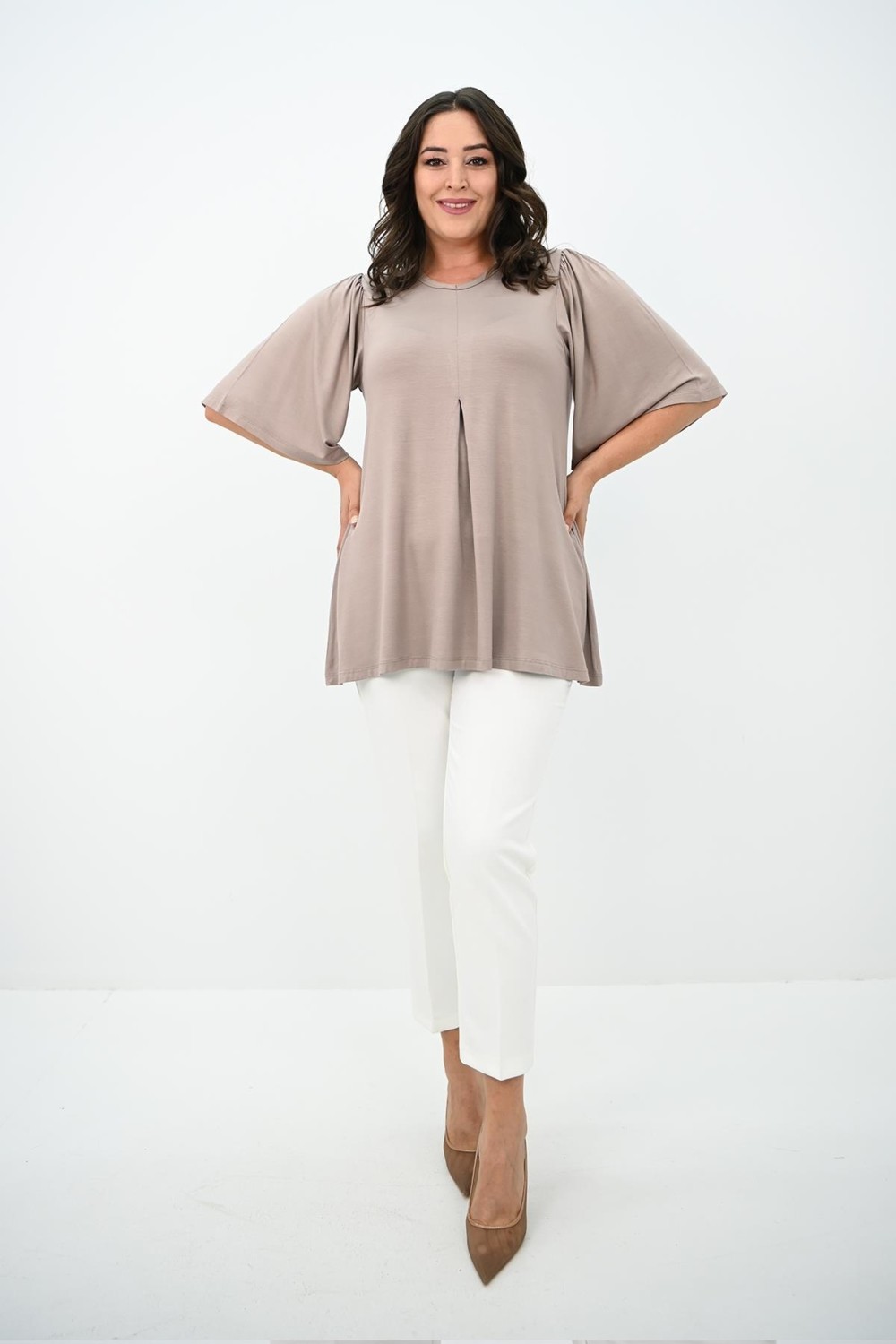 Moda Xlarge Kadın Büyük Beden Pileli V Yaka Bluz 1847-25 görsel 2