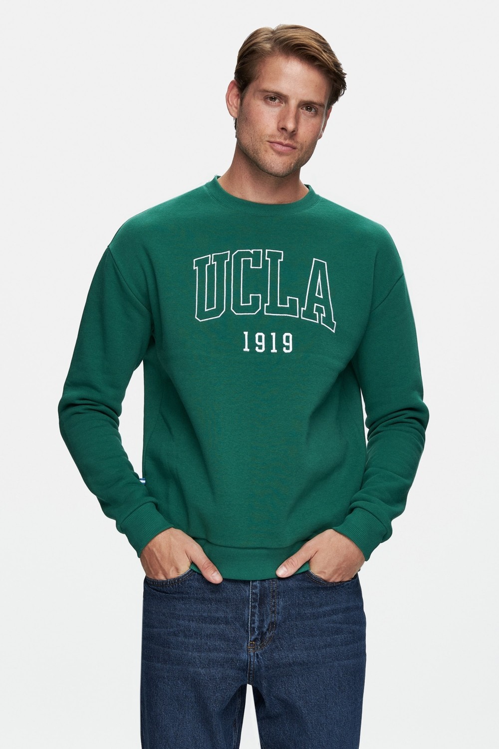 Ucla SANDHILL Yeşil Bisiklet Yaka Pamuklu Nakışlı Loose Fit Erkek Sweatshirt