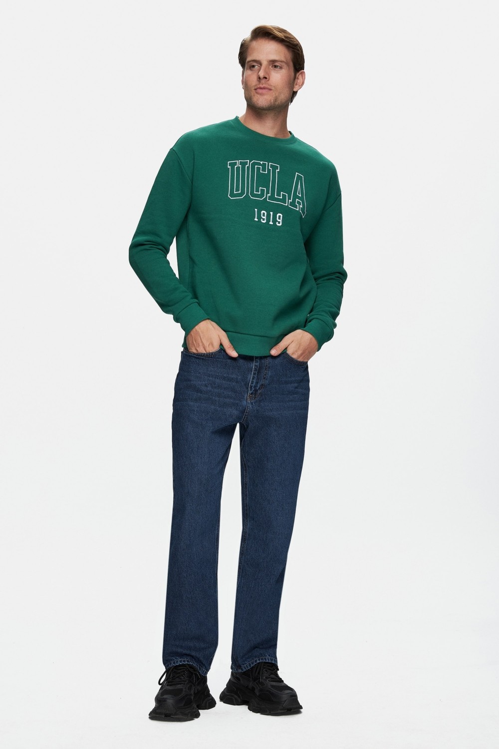 Ucla SANDHILL Yeşil Bisiklet Yaka Pamuklu Nakışlı Loose Fit Erkek Sweatshirt görsel 8