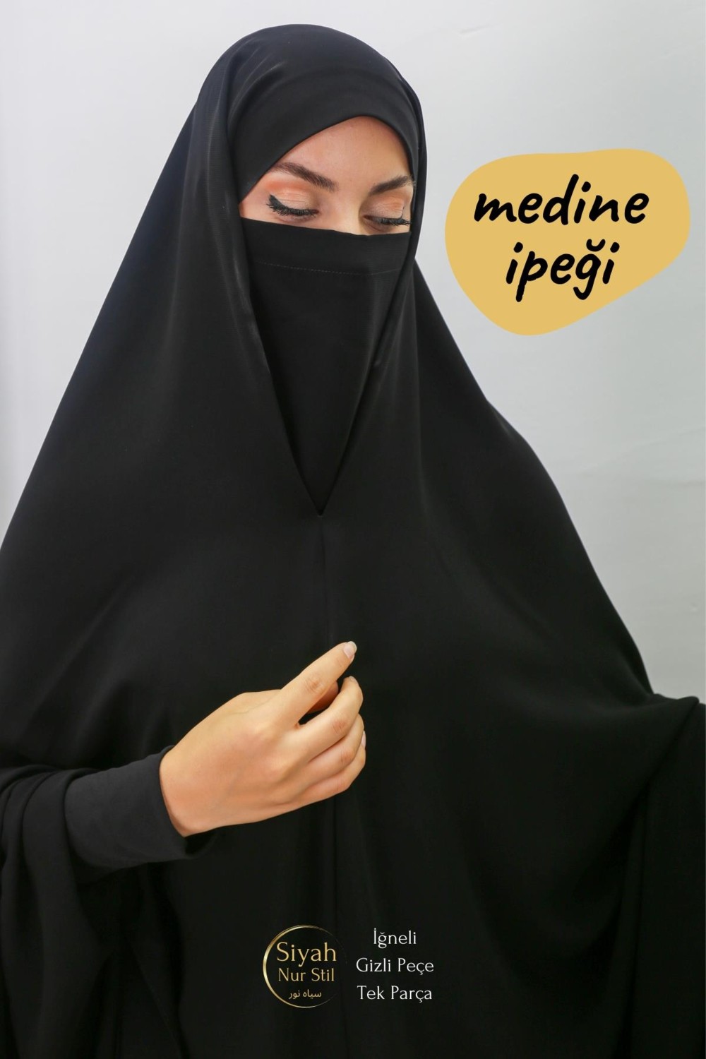 Asilnur Iğneli Gizli Peçeli Tek Parça Medine Ipeği Çarşaf görsel 3