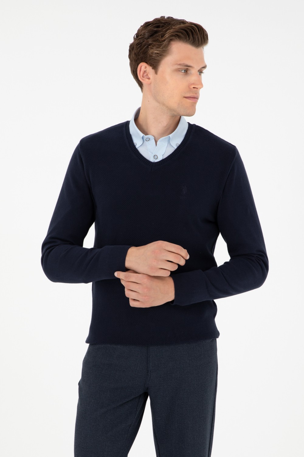 U.S. Polo Assn. Erkek Slim Fit V Yaka Antrasit Melanj Basic Kazak 50288886-VR081