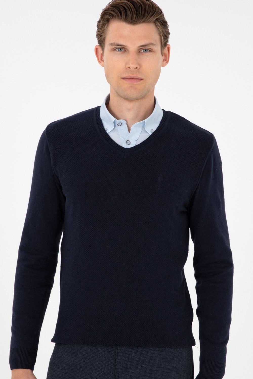 U.S. Polo Assn. Erkek Slim Fit V Yaka Antrasit Melanj Basic Kazak 50288886-VR081 görsel 3