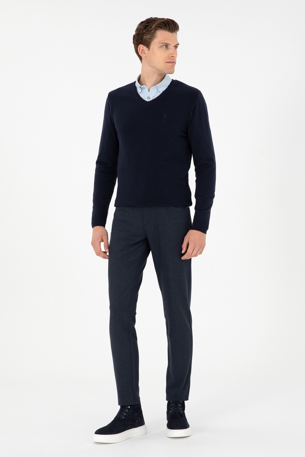 U.S. Polo Assn. Erkek Slim Fit V Yaka Antrasit Melanj Basic Kazak 50288886-VR081 görsel 4