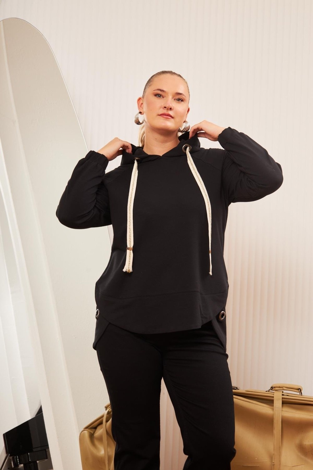 Rmg Büyük Beden Süslemeli Bağcıklı Kordon Sweatshirt Mavi