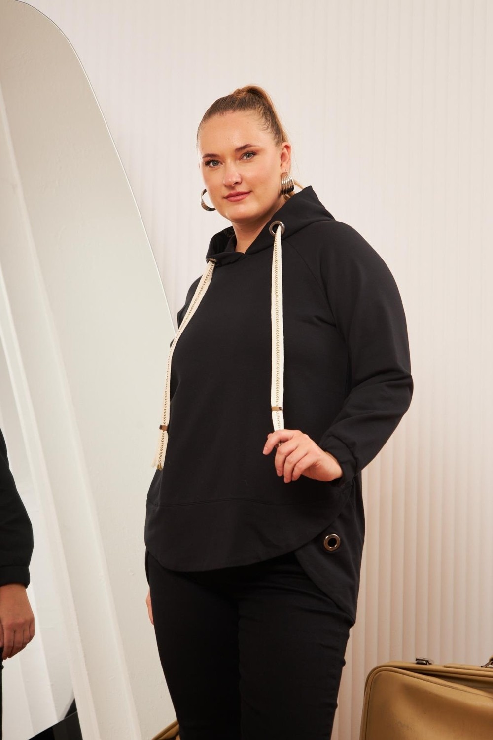 Rmg Büyük Beden Süslemeli Bağcıklı Kordon Sweatshirt Mavi görsel 2