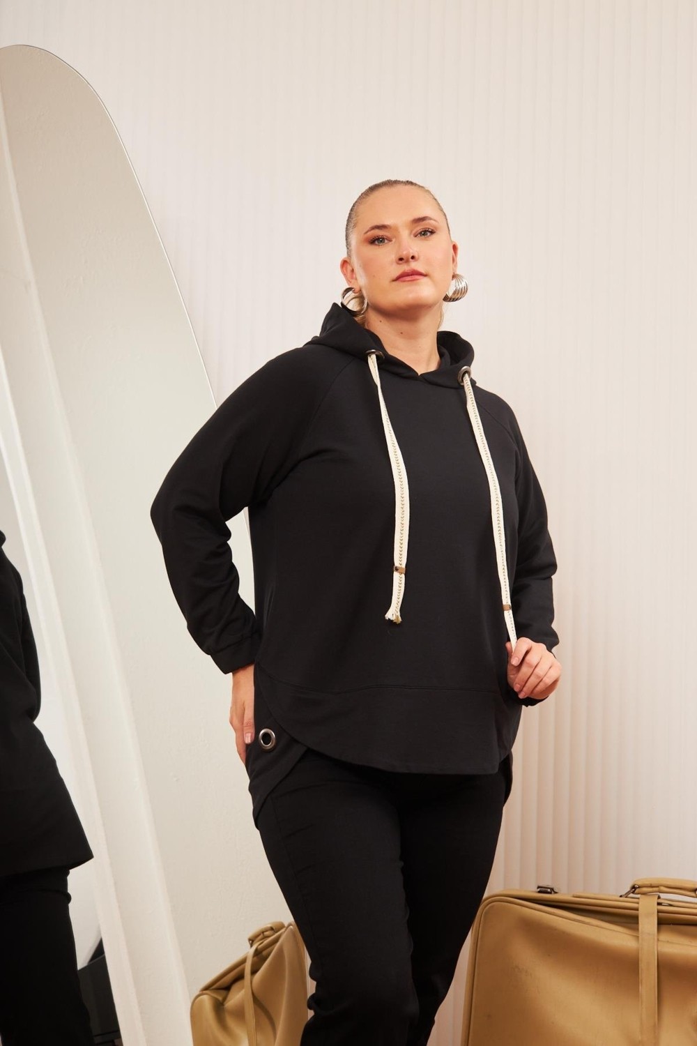 Rmg Büyük Beden Süslemeli Bağcıklı Kordon Sweatshirt Mavi görsel 4