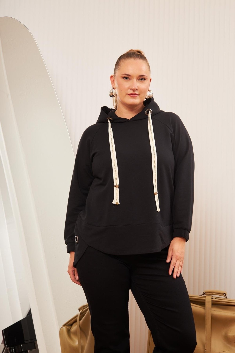 Rmg Büyük Beden Süslemeli Bağcıklı Kordon Sweatshirt Mavi görsel 5