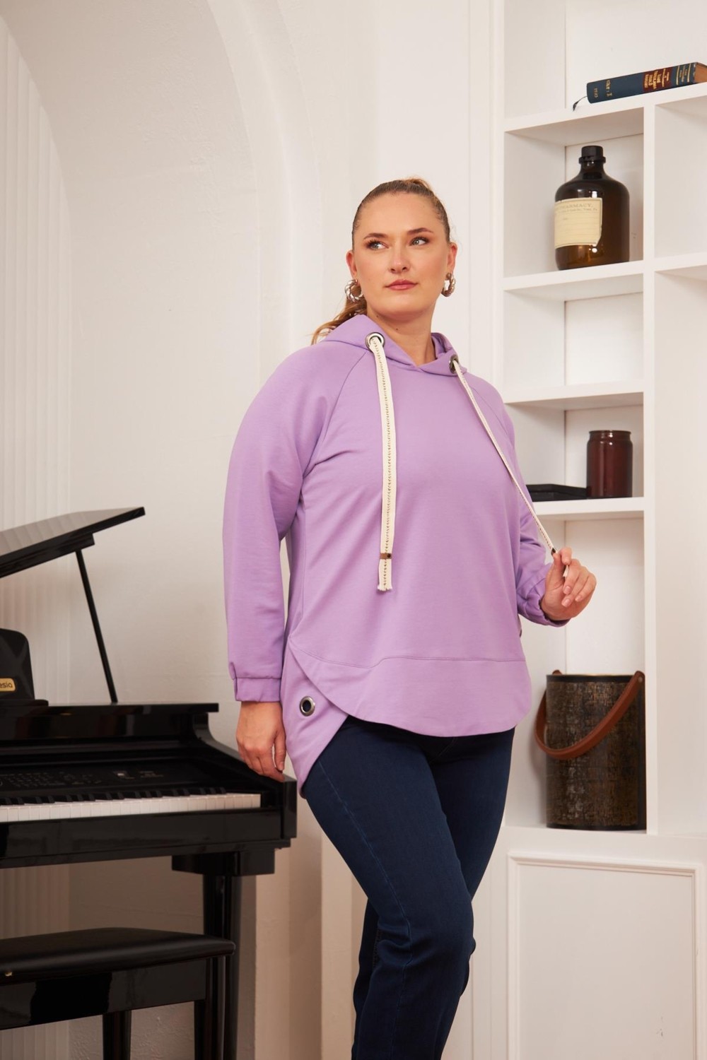 Rmg Büyük Beden Süslemeli Bağcıklı Kordon Sweatshirt Mavi görsel 6