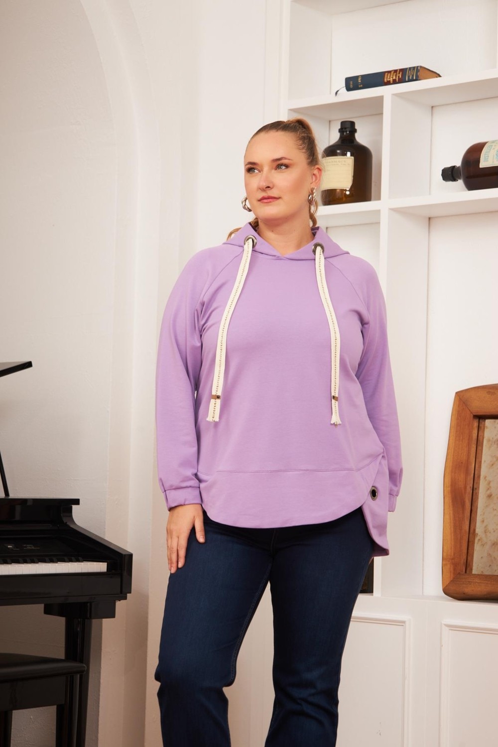 Rmg Büyük Beden Süslemeli Bağcıklı Kordon Sweatshirt Mavi görsel 7