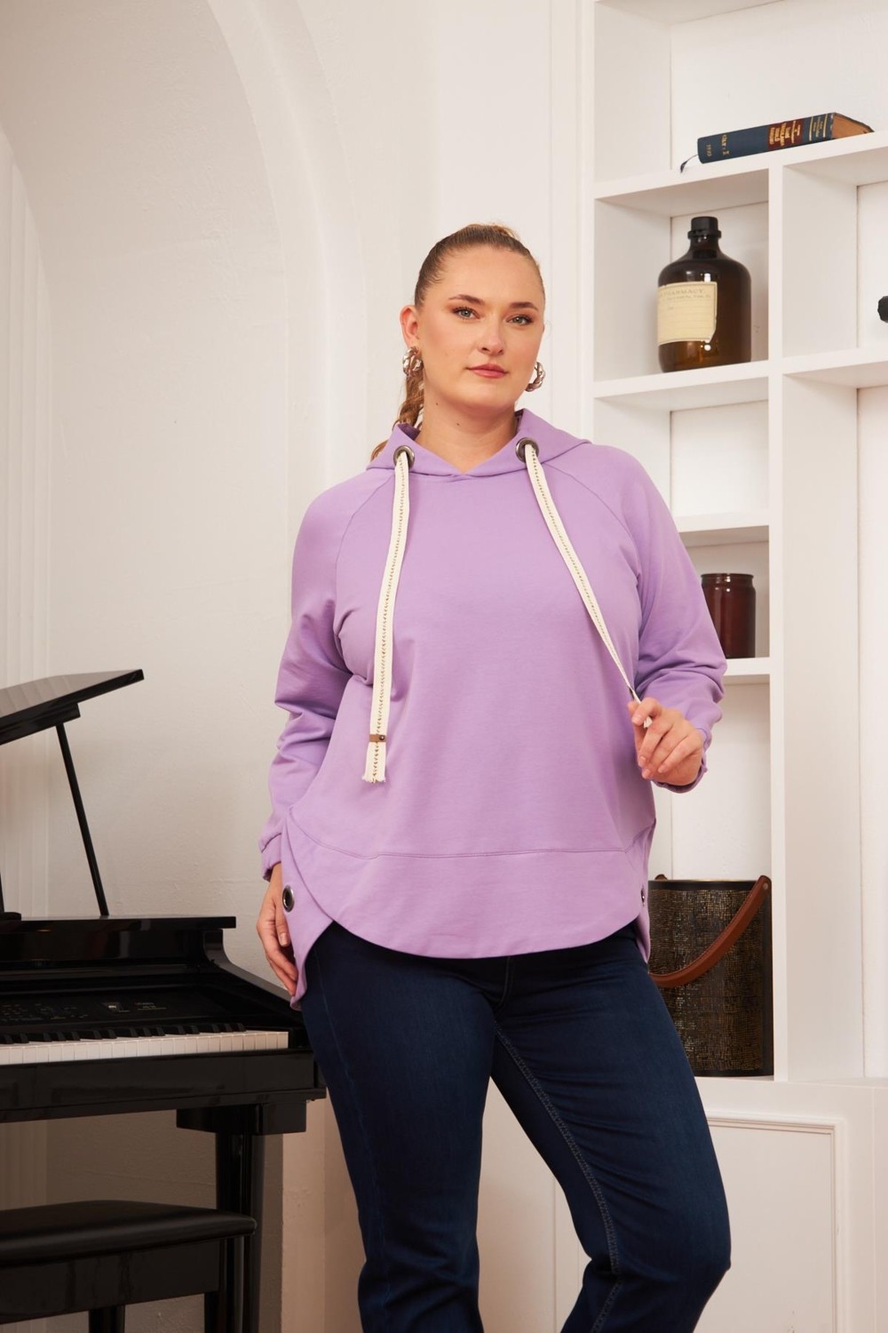 Rmg Büyük Beden Süslemeli Bağcıklı Kordon Sweatshirt Mavi görsel 8