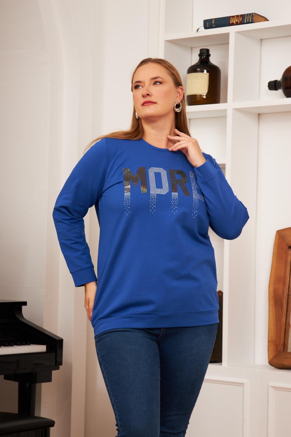 Rmg Büyük Beden Taş Baskılı Sweatshirt Saks. görsel 2