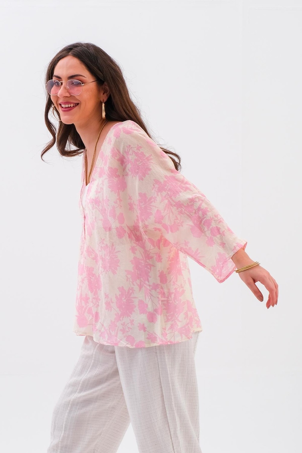 Bigwos Çiçek Desenli Truvakar Kol Kimono - Pembe görsel 4