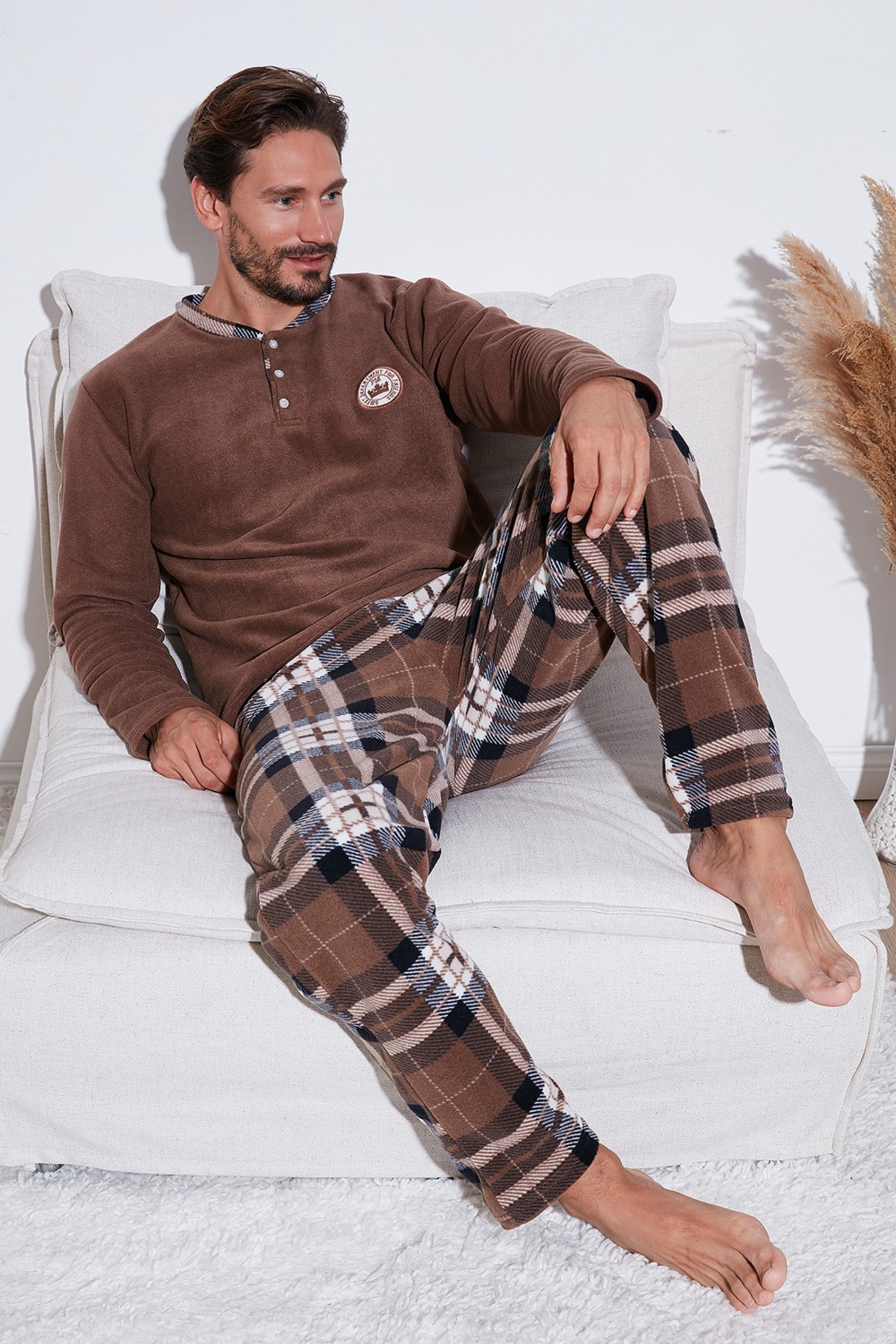 Buratti Ekoseli Regular Fit Düğmeli Bisiklet Yaka Kışlık Polar Pijama Takımı Erkek Pijama Takımı 60961002