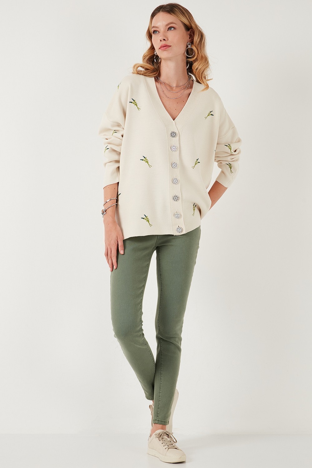 Lela Oversize Fit Desenli V Yaka Triko Hırka Bayan Hırka 4616193 görsel 3