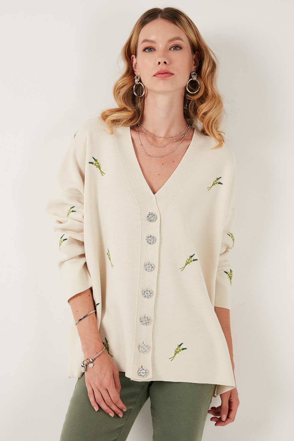 Lela Oversize Fit Desenli V Yaka Triko Hırka Bayan Hırka 4616193 görsel 4