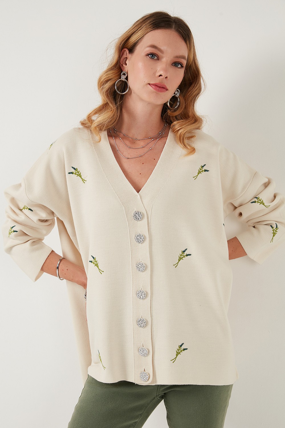 Lela Oversize Fit Desenli V Yaka Triko Hırka Bayan Hırka 4616193 görsel 5