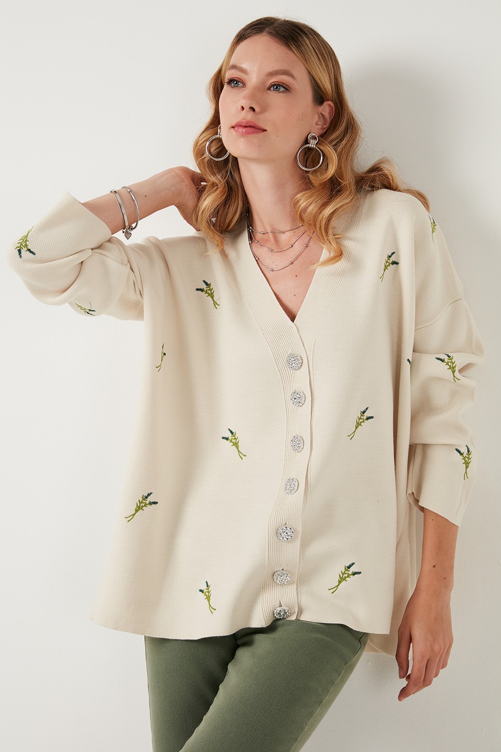 Lela Oversize Fit Desenli V Yaka Triko Hırka Bayan Hırka 4616193 görsel 6