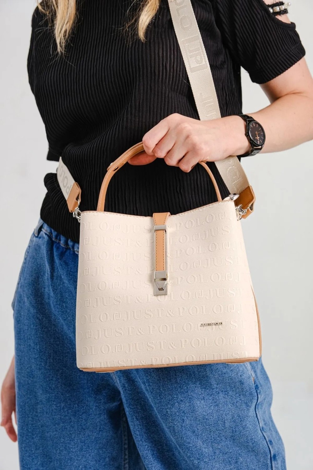 Just Polo Kum - Bej Renk Baskı Desenli Çanta 92055-GD Özel Seri ve Şık Görünüm görsel 6