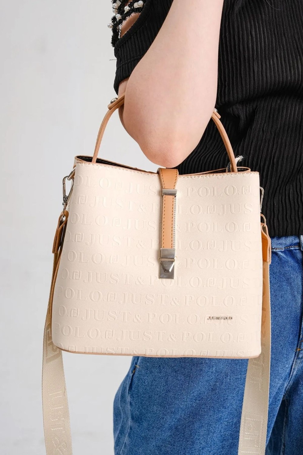 Just Polo Kum - Bej Renk Baskı Desenli Çanta 92055-GD Özel Seri ve Şık Görünüm görsel 7