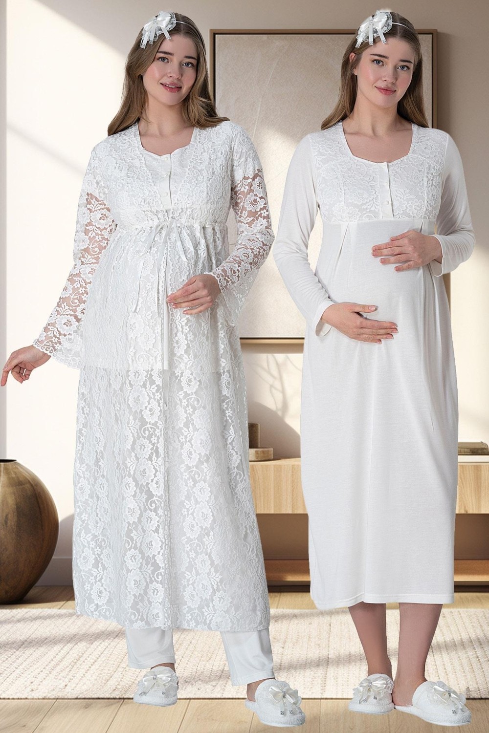 Mecit Pijama Mecit 6060 Ekru Dantel Sabahlıklı Gecelik Pijama Lohusa Set