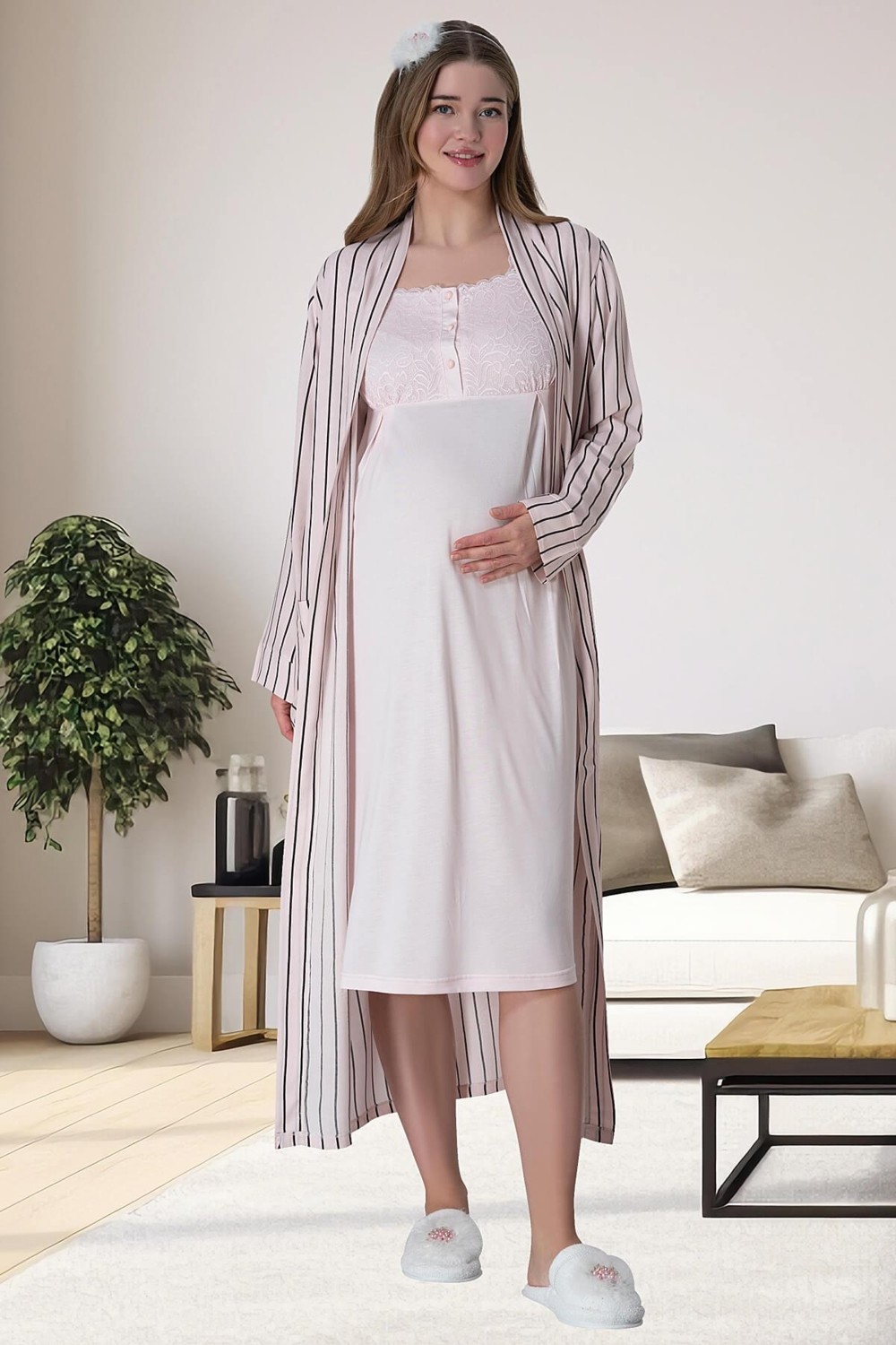 Mecit Pijama Mecit 6063 Pembe Çizgili Uzun Sabahlıklı Gecelik Pijama Lohusa Set görsel 2