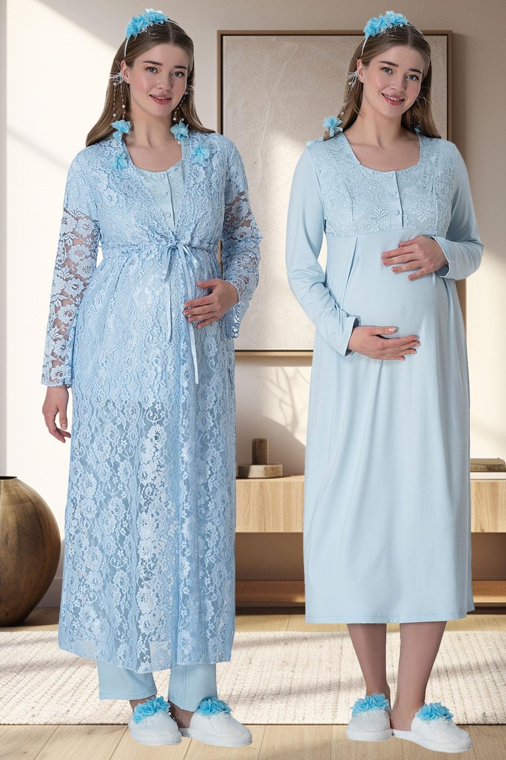 Mecit Pijama Mecit 6060 Mavi Dantel Sabahlıklı Gecelik Pijama Lohusa Set