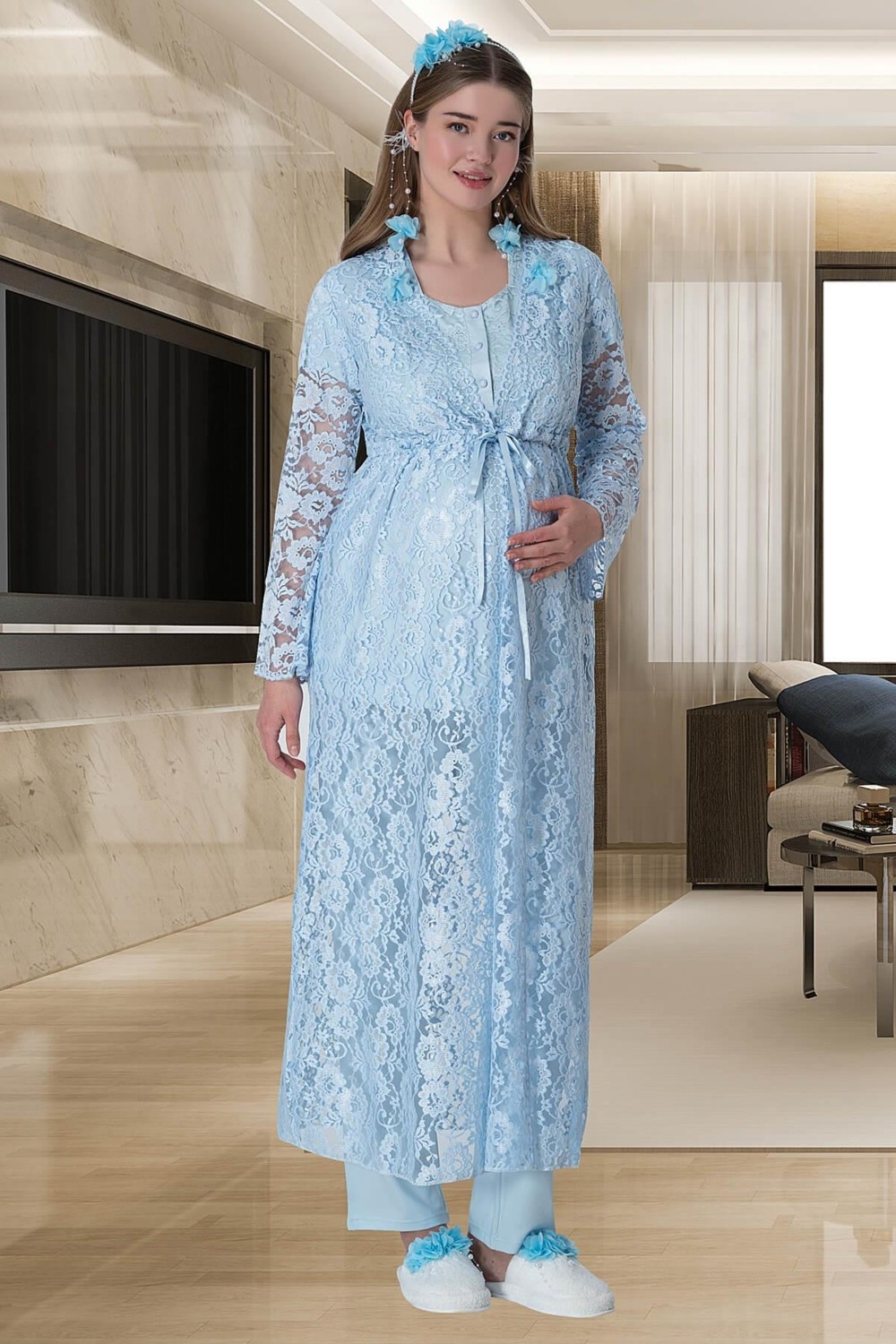 Mecit Pijama Mecit 6060 Mavi Dantel Sabahlıklı Gecelik Pijama Lohusa Set görsel 2