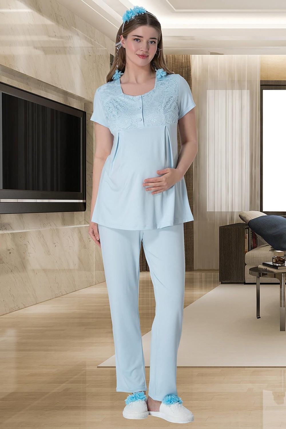 Mecit Pijama Mecit 6060 Mavi Dantel Sabahlıklı Gecelik Pijama Lohusa Set görsel 3