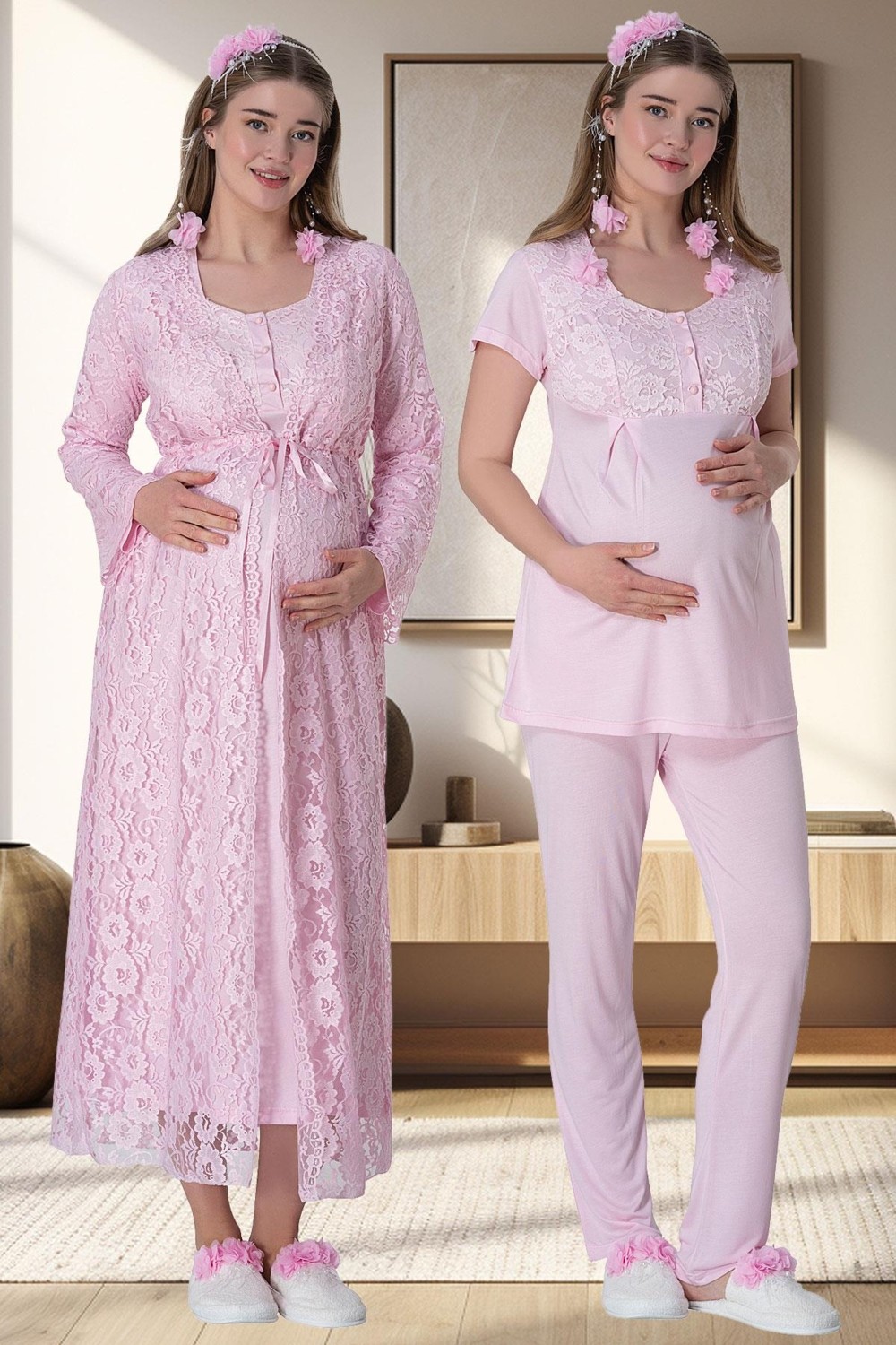Mecit Pijama Mecit 6060 Pembe Dantel Sabahlıklı Gecelik Pijama Lohusa Set